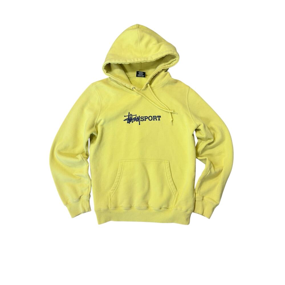 Yellow Stussy Sport Hooded Pullover Sweatshirt XS Logo Streetwear Hoodie Skater